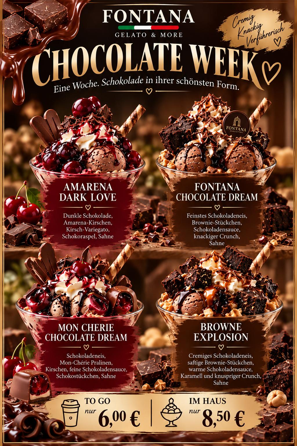 Werbeplakat der Fontana Chocolate Week mit vier Schokoladen Eisbechern